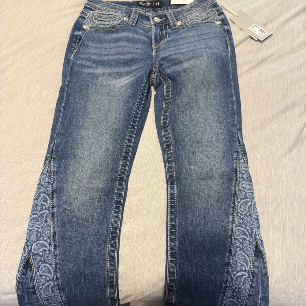 Miss Me Dark Blue Bootcut Jeans with Paisley Inset
